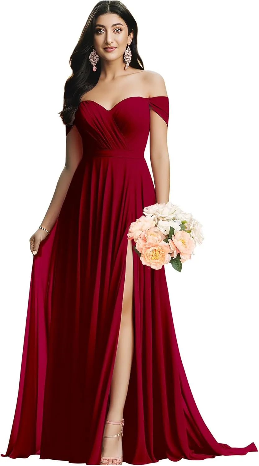 Off The Shoulder Bridesmaid Dresses for Wedding Ruched Chiffon Split Formal Evening Dress with Pockets