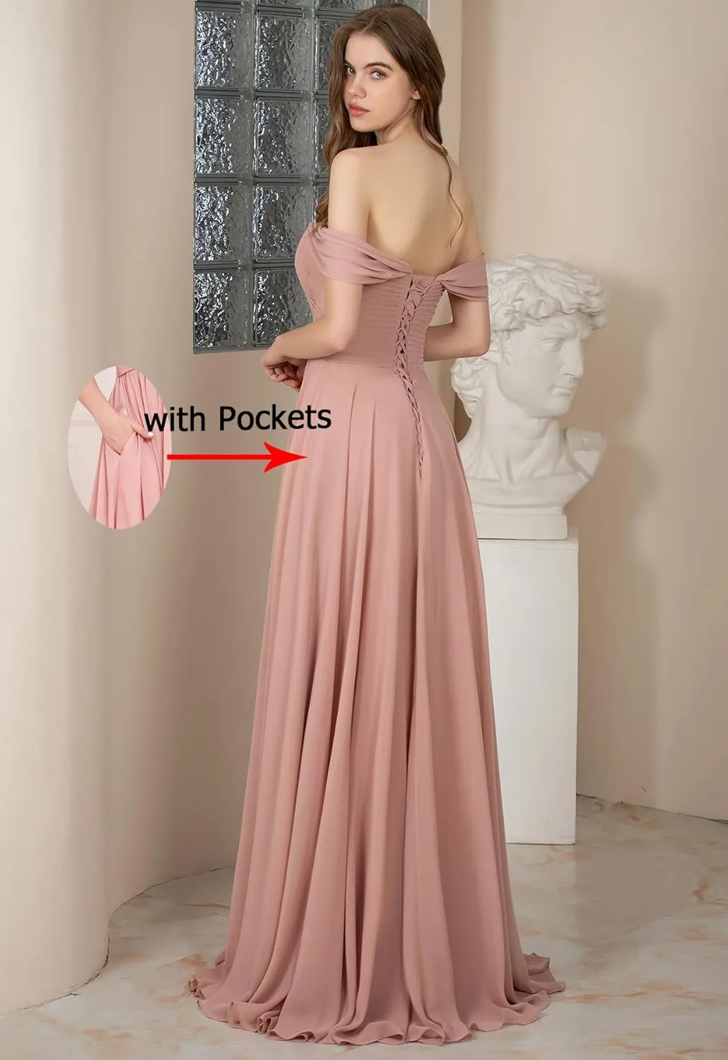 Off The Shoulder Bridesmaid Dresses for Wedding Ruched Chiffon Split Formal Evening Dress with Pockets