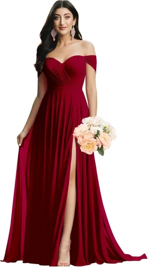 Off The Shoulder Bridesmaid Dresses for Wedding Ruched Chiffon Split Formal Evening Dress with Pockets
