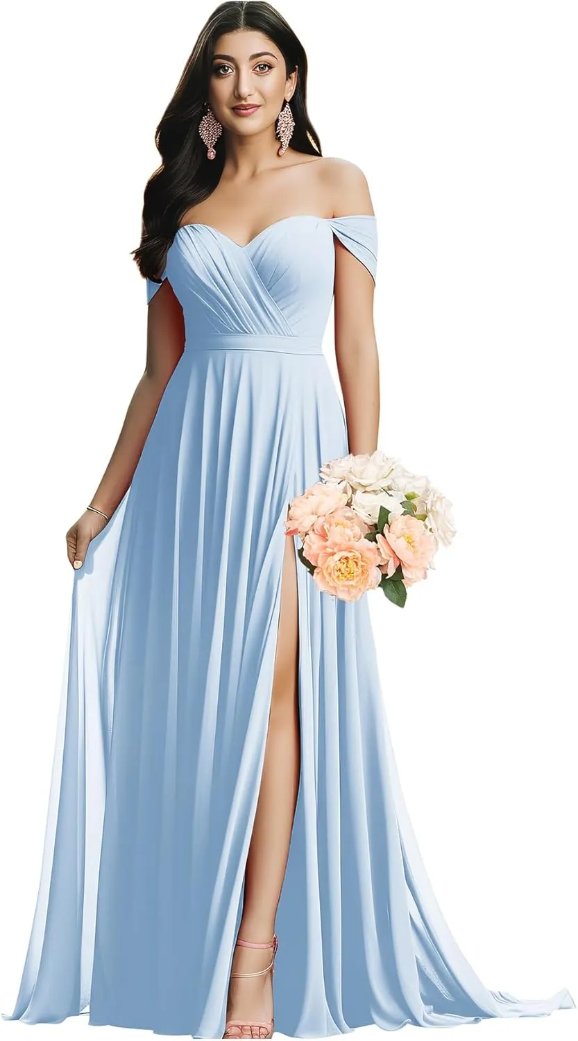 Off The Shoulder Bridesmaid Dresses for Wedding Ruched Chiffon Split Formal Evening Dress with Pockets