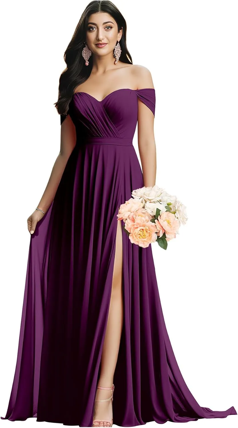 Off The Shoulder Bridesmaid Dresses for Wedding Ruched Chiffon Split Formal Evening Dress with Pockets