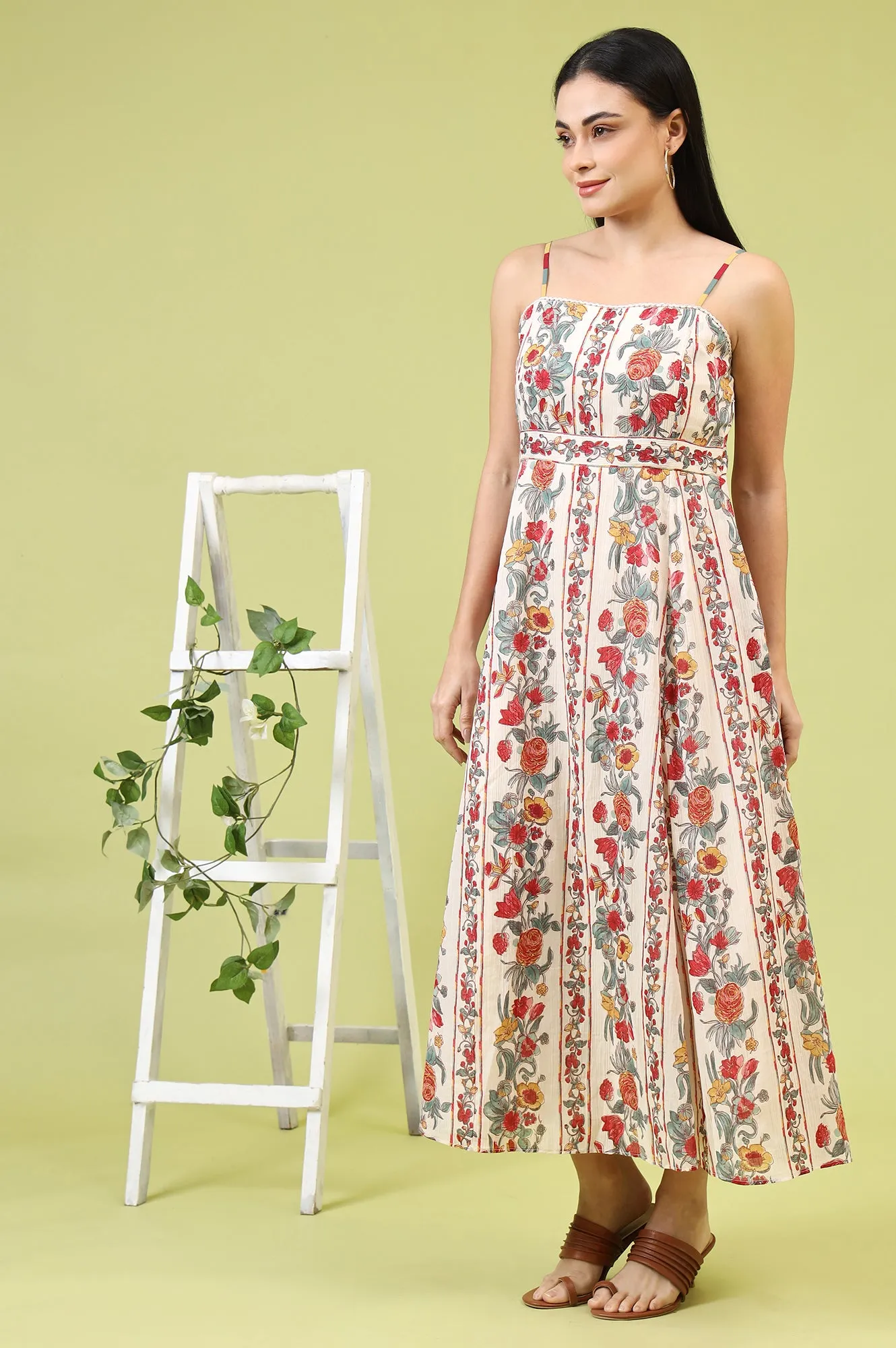 Off-White Vibrant Floral Printed Pure Cotton Flared Spaghetti Dress