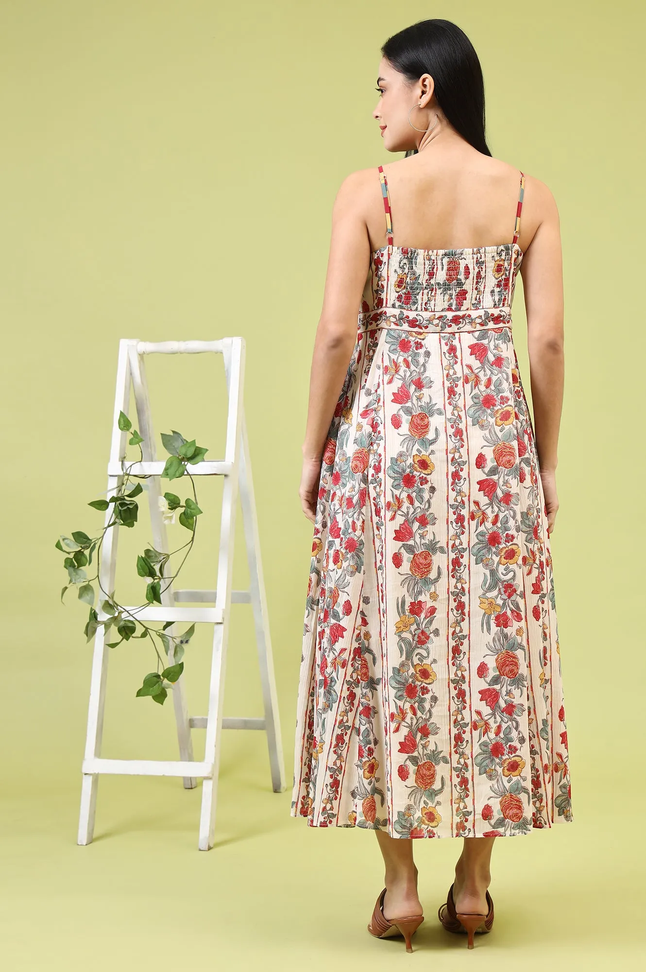 Off-White Vibrant Floral Printed Pure Cotton Flared Spaghetti Dress