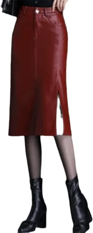 Office Midi Skirts Women Leather Maxi Skirt High Waist Pocket Skirts