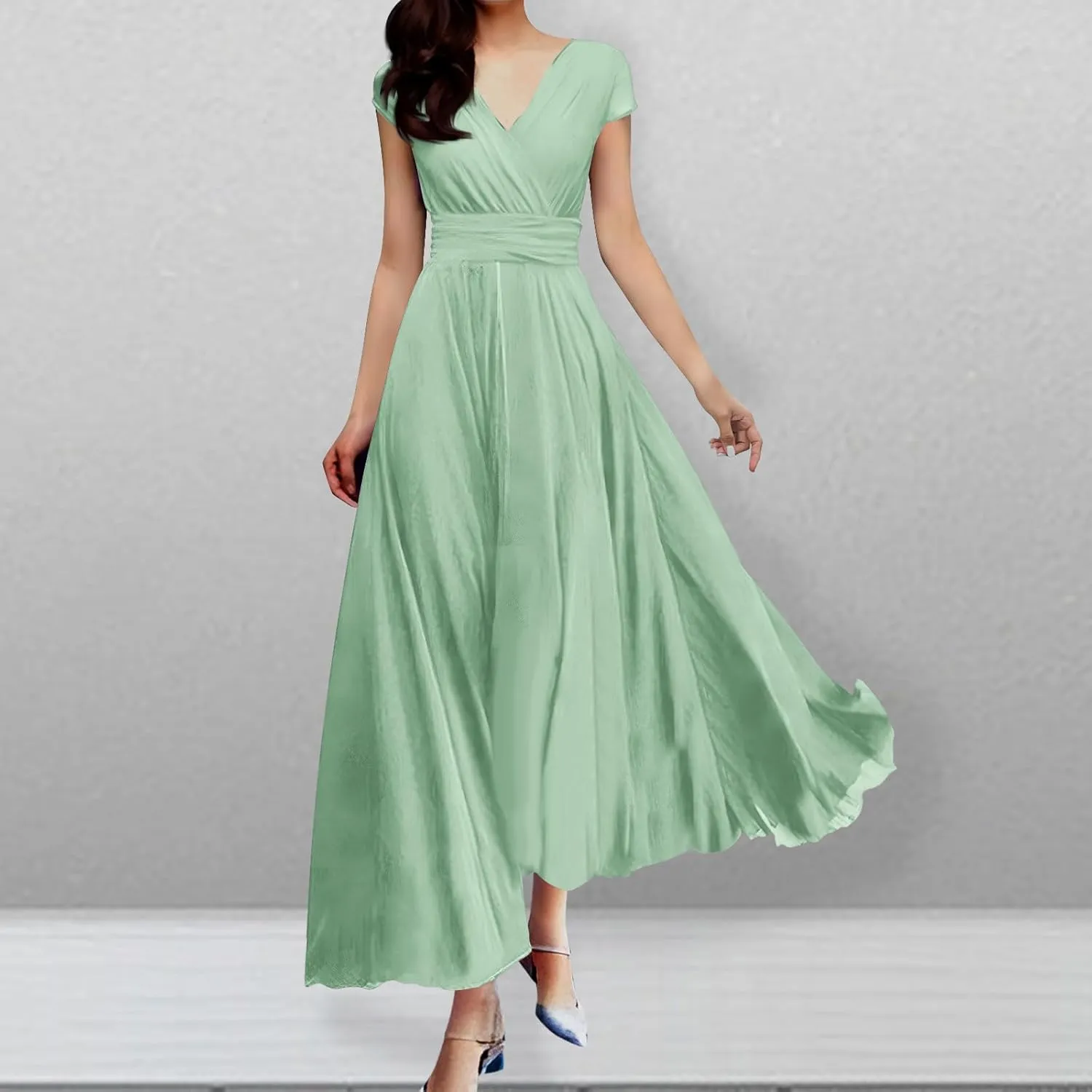 Oplxuo V Neck Long Bridesmaid Dresses Cap Sleeves Pleated Chiffon Formal Evening Prom Gown Plus Size Maxi Dress for Women