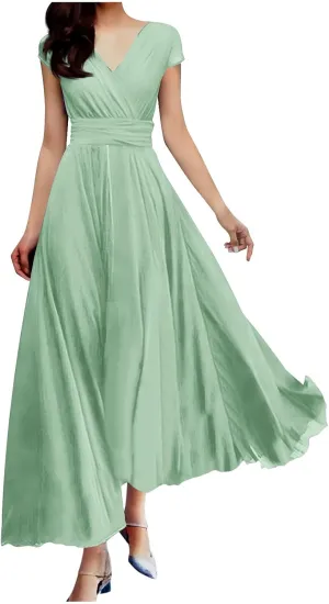 Oplxuo V Neck Long Bridesmaid Dresses Cap Sleeves Pleated Chiffon Formal Evening Prom Gown Plus Size Maxi Dress for Women