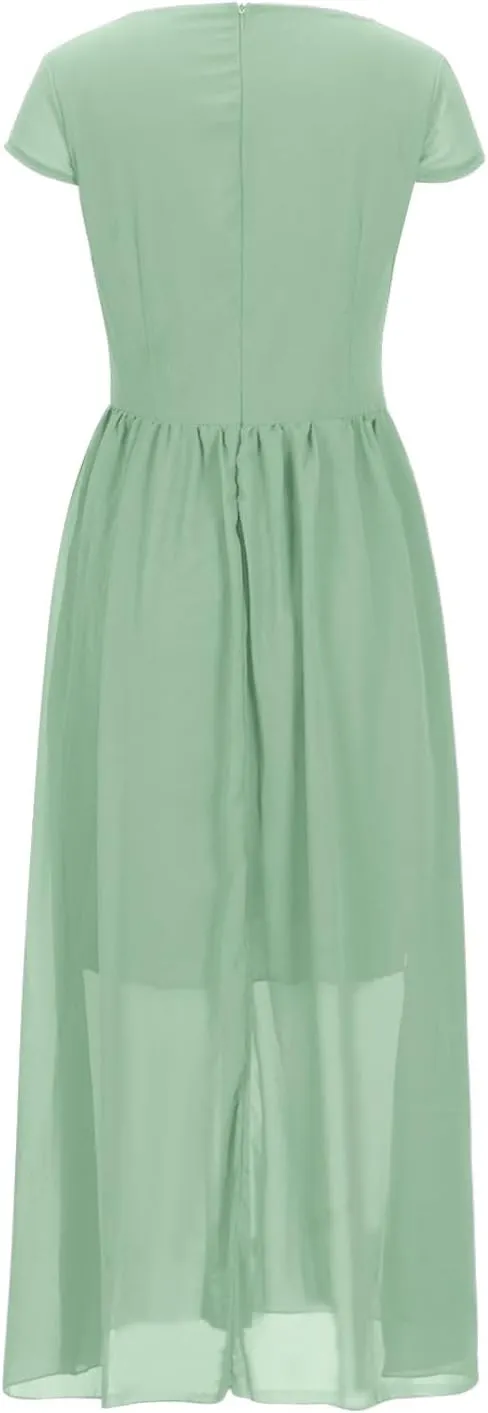 Oplxuo V Neck Long Bridesmaid Dresses Cap Sleeves Pleated Chiffon Formal Evening Prom Gown Plus Size Maxi Dress for Women