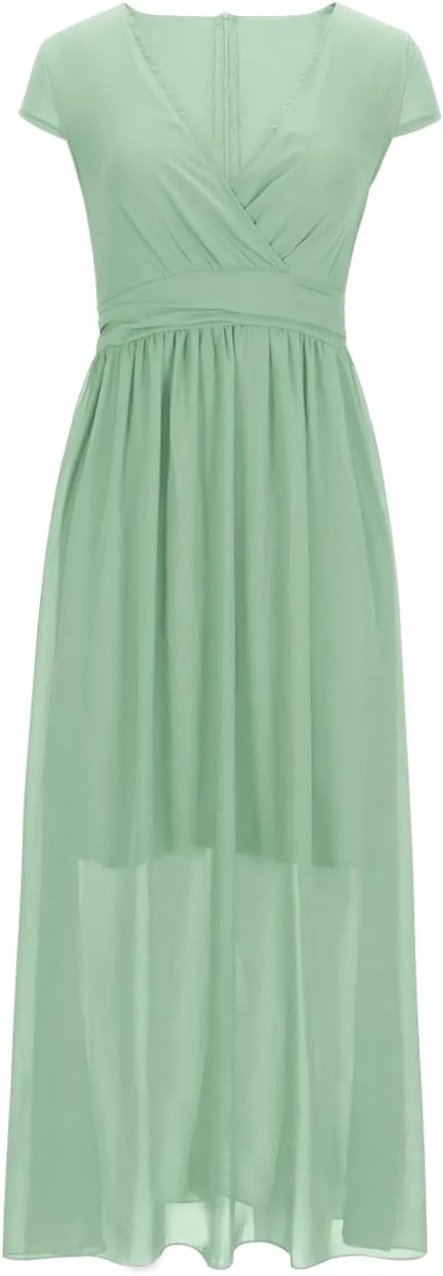 Oplxuo V Neck Long Bridesmaid Dresses Cap Sleeves Pleated Chiffon Formal Evening Prom Gown Plus Size Maxi Dress for Women