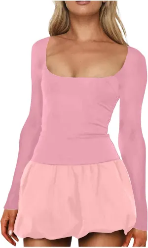 Oplxuo Women's Sexy Bubble Mini Dress Low Cut Square Neck Long Sleeve A-Line Ruffle Color Block Short Going Out Party Dresses