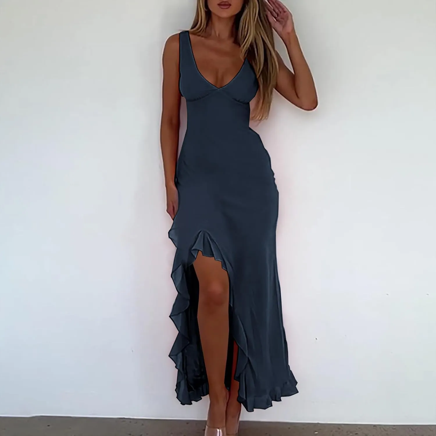 Oplxuo Women's Sexy Deep V Neck Bodycon Maxi Dress Sleeveless Ruffle Hem High Slit V Back Cocktail Party Dresses