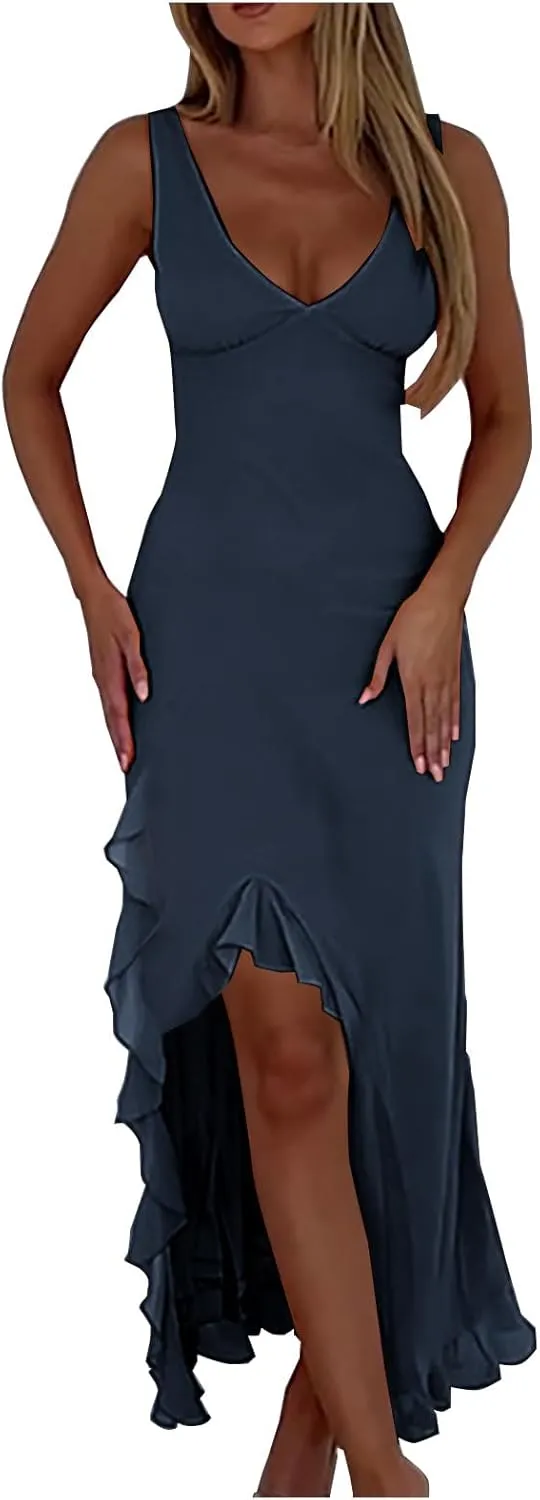 Oplxuo Women's Sexy Deep V Neck Bodycon Maxi Dress Sleeveless Ruffle Hem High Slit V Back Cocktail Party Dresses