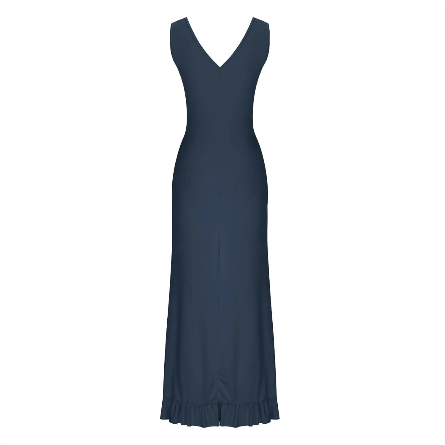 Oplxuo Women's Sexy Deep V Neck Bodycon Maxi Dress Sleeveless Ruffle Hem High Slit V Back Cocktail Party Dresses