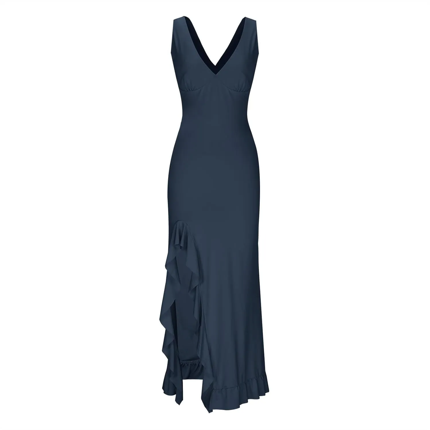 Oplxuo Women's Sexy Deep V Neck Bodycon Maxi Dress Sleeveless Ruffle Hem High Slit V Back Cocktail Party Dresses