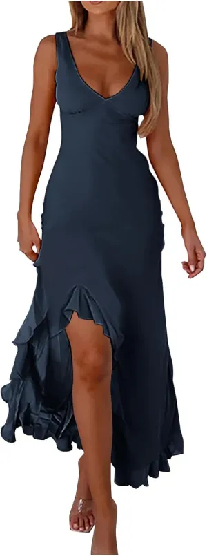 Oplxuo Women's Sexy Deep V Neck Bodycon Maxi Dress Sleeveless Ruffle Hem High Slit V Back Cocktail Party Dresses