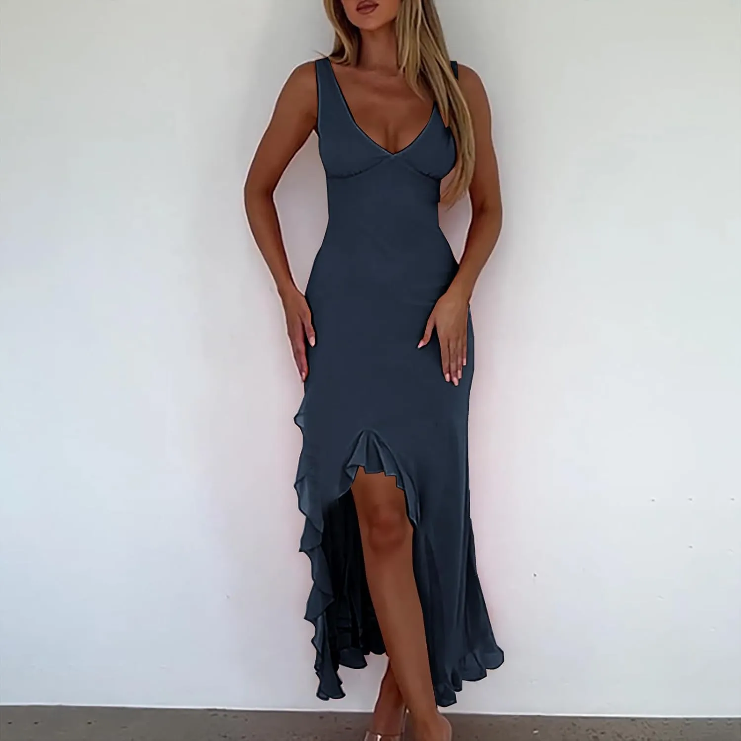 Oplxuo Women's Sexy Deep V Neck Bodycon Maxi Dress Sleeveless Ruffle Hem High Slit V Back Cocktail Party Dresses