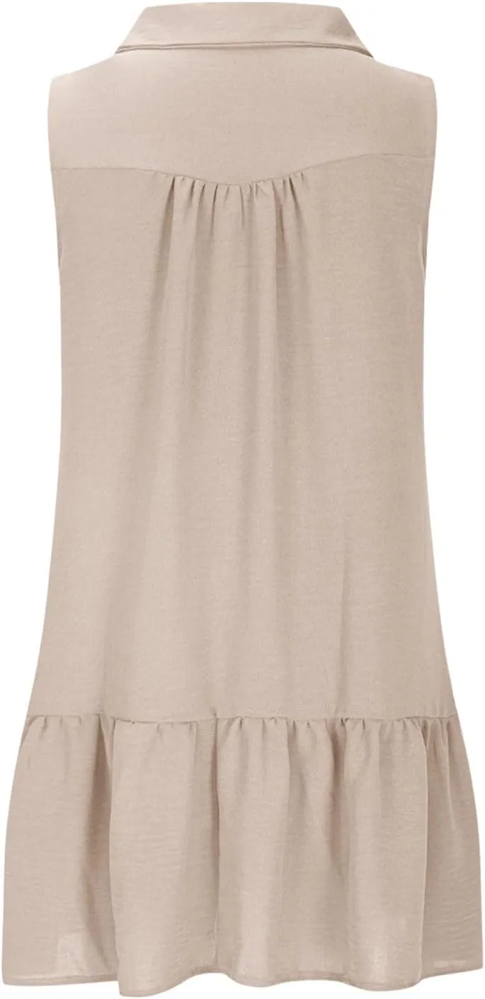 Oplxuo Women's Summer Mini Dress Sleeveless Lapel V-Neck Button Short Tank Sundress Flowy Ruffle Tiered Beach Vacation Dress