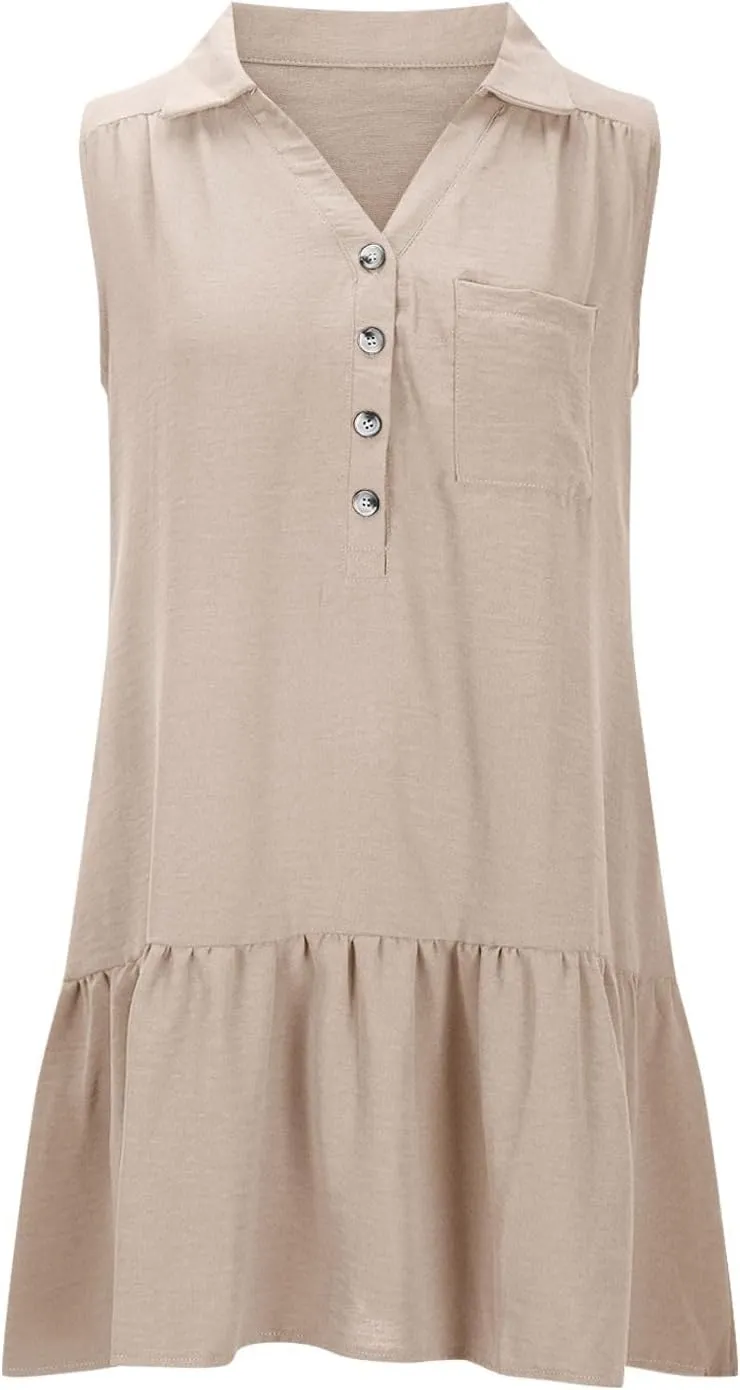 Oplxuo Women's Summer Mini Dress Sleeveless Lapel V-Neck Button Short Tank Sundress Flowy Ruffle Tiered Beach Vacation Dress