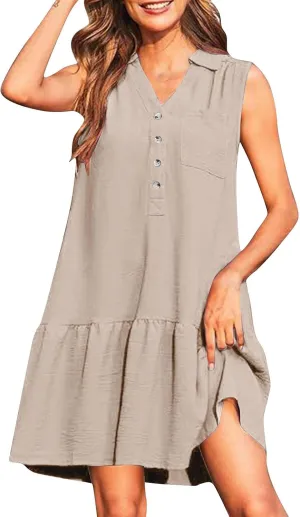 Oplxuo Women's Summer Mini Dress Sleeveless Lapel V-Neck Button Short Tank Sundress Flowy Ruffle Tiered Beach Vacation Dress