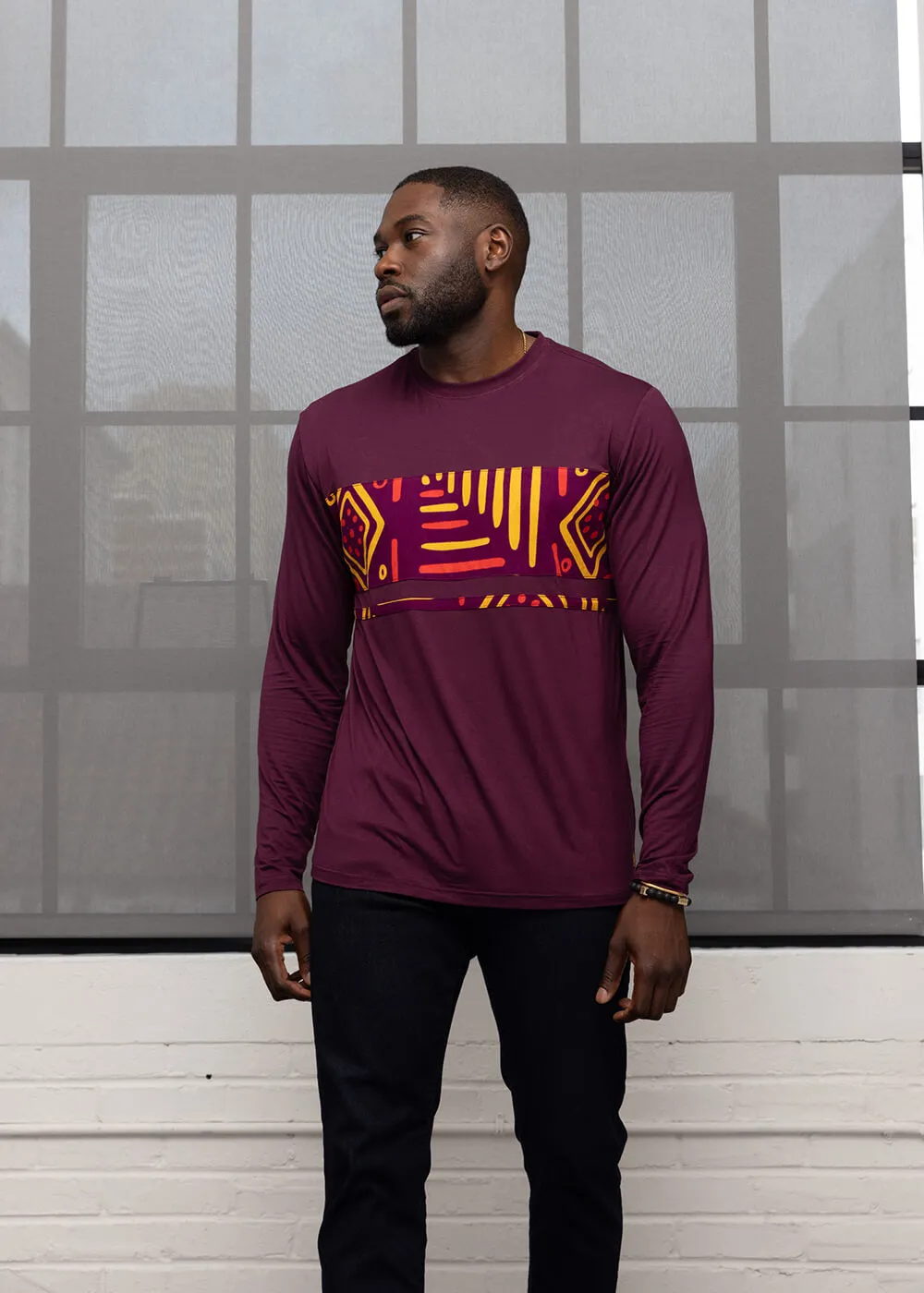 Ore Men's African Print Long Sleeve T-Shirt (Plum/Plum Gold Tribal)