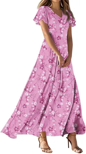 Party Dresses for Women Casual Loose Trendy Short Sleeve V-Neck Floral Print Beach Vacation Boho Maxi Dress, XS-2XL