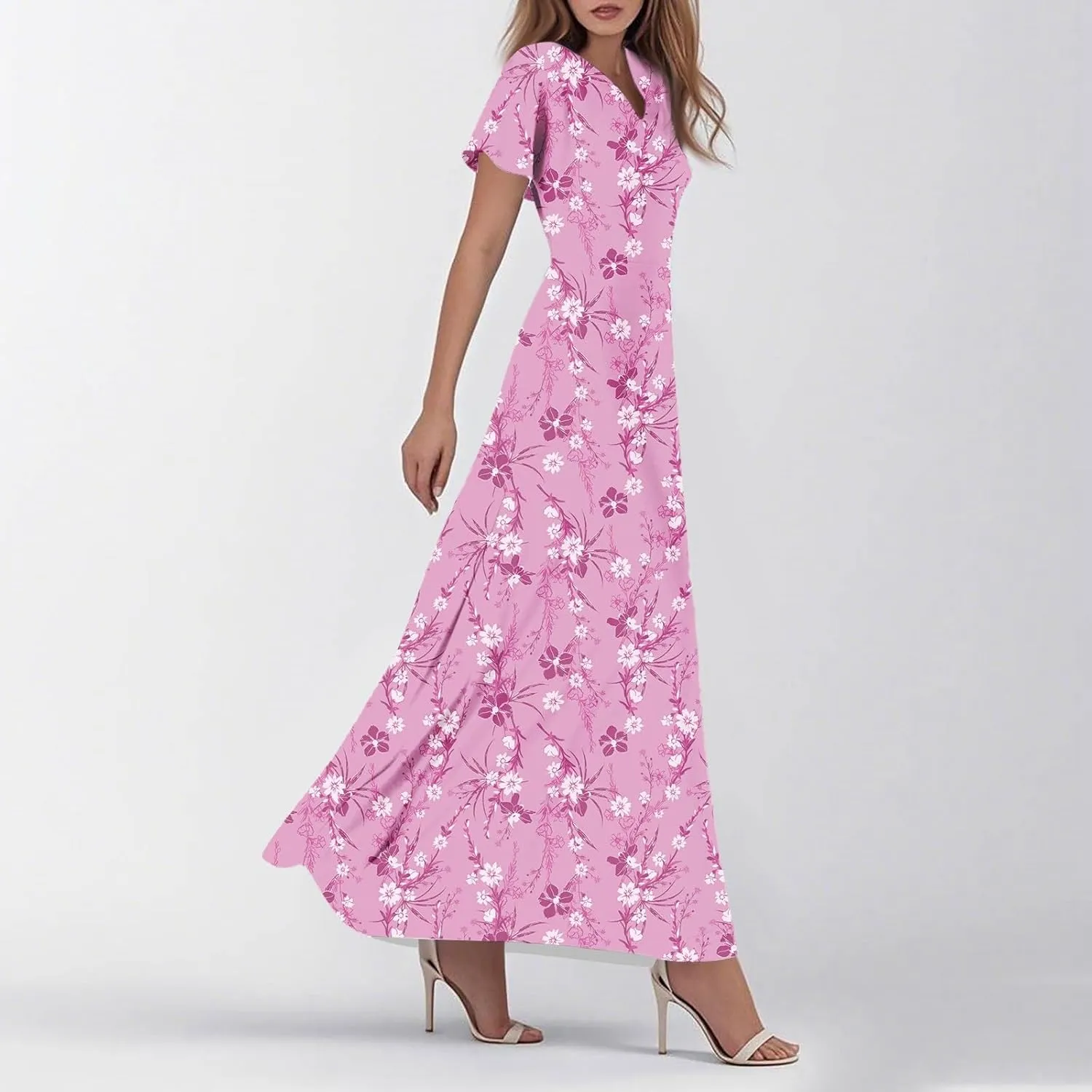 Party Dresses for Women Casual Loose Trendy Short Sleeve V-Neck Floral Print Beach Vacation Boho Maxi Dress, XS-2XL