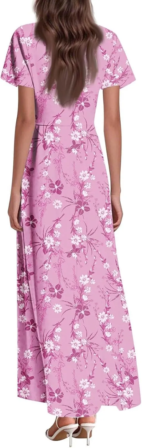 Party Dresses for Women Casual Loose Trendy Short Sleeve V-Neck Floral Print Beach Vacation Boho Maxi Dress, XS-2XL