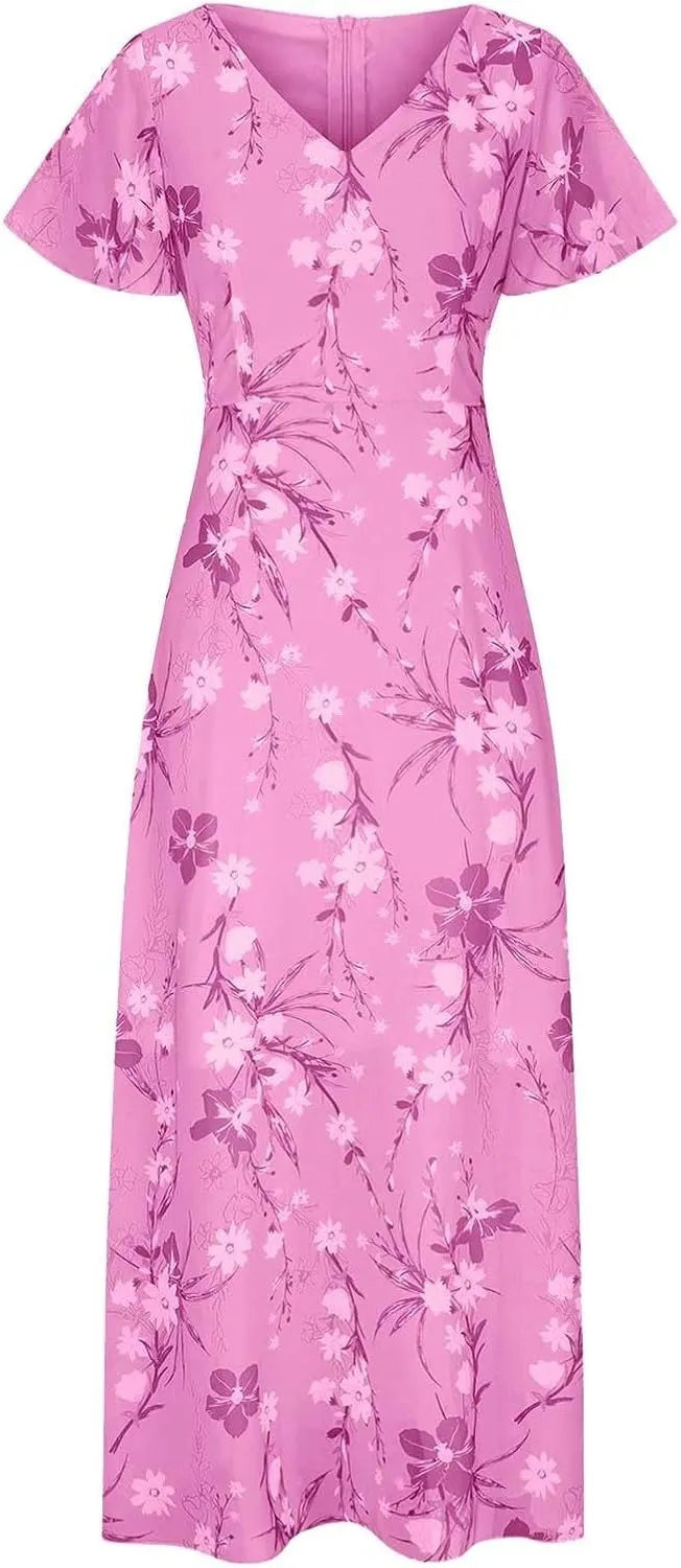 Party Dresses for Women Casual Loose Trendy Short Sleeve V-Neck Floral Print Beach Vacation Boho Maxi Dress, XS-2XL