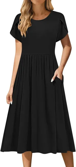 Petal Short Sleeve Midi Dresses for Women with Pockets Summer Casual Flowy Pleated A Line Swing Beach Vacation Dress
