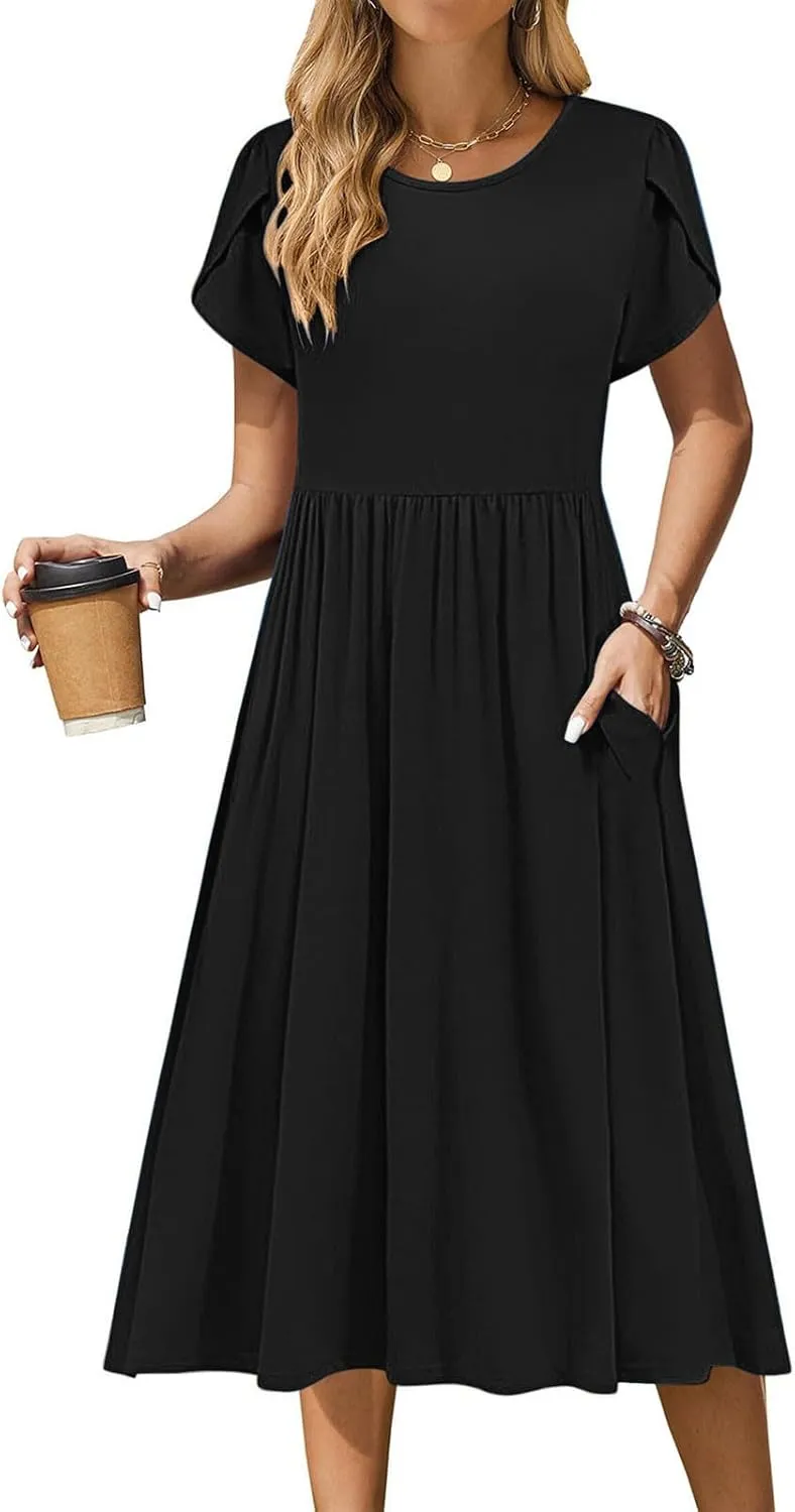 Petal Short Sleeve Midi Dresses for Women with Pockets Summer Casual Flowy Pleated A Line Swing Beach Vacation Dress