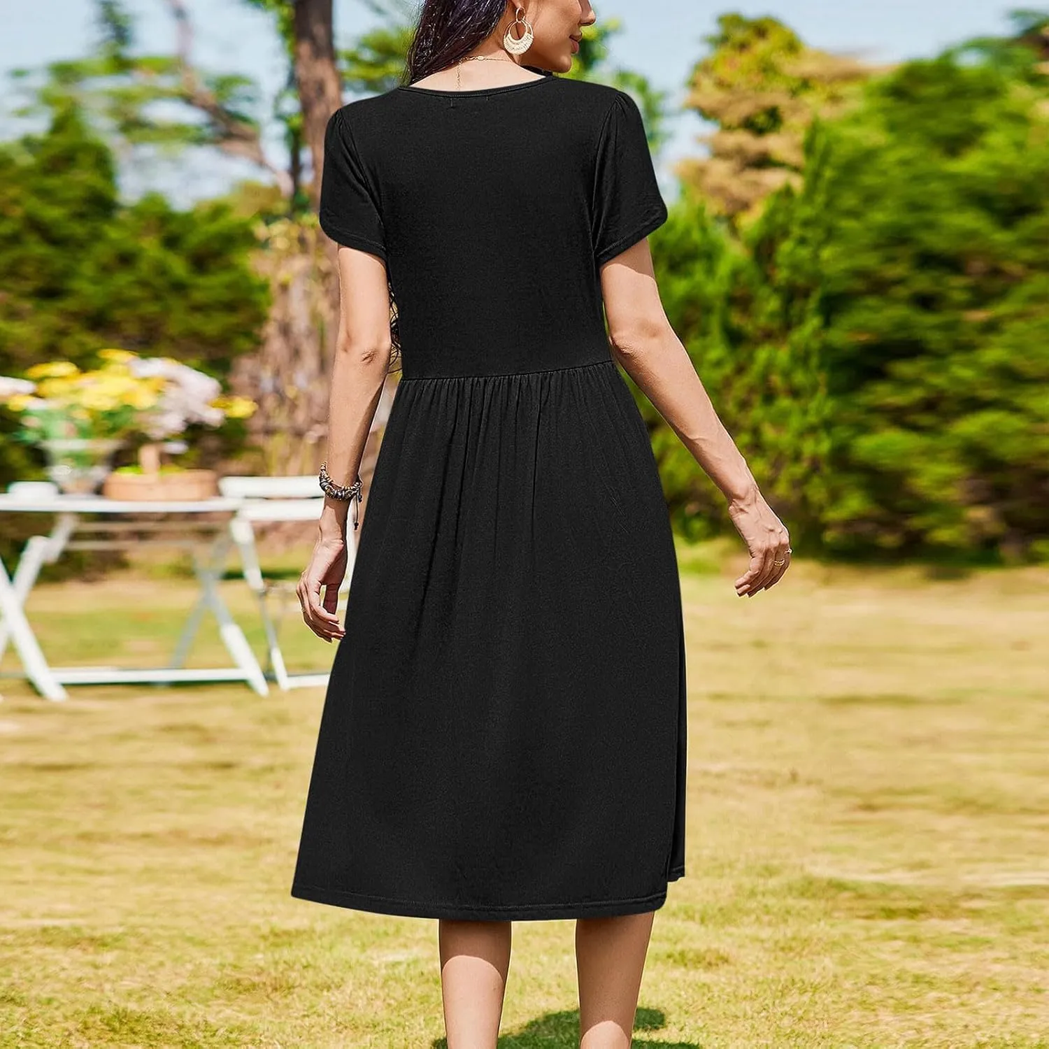 Petal Short Sleeve Midi Dresses for Women with Pockets Summer Casual Flowy Pleated A Line Swing Beach Vacation Dress