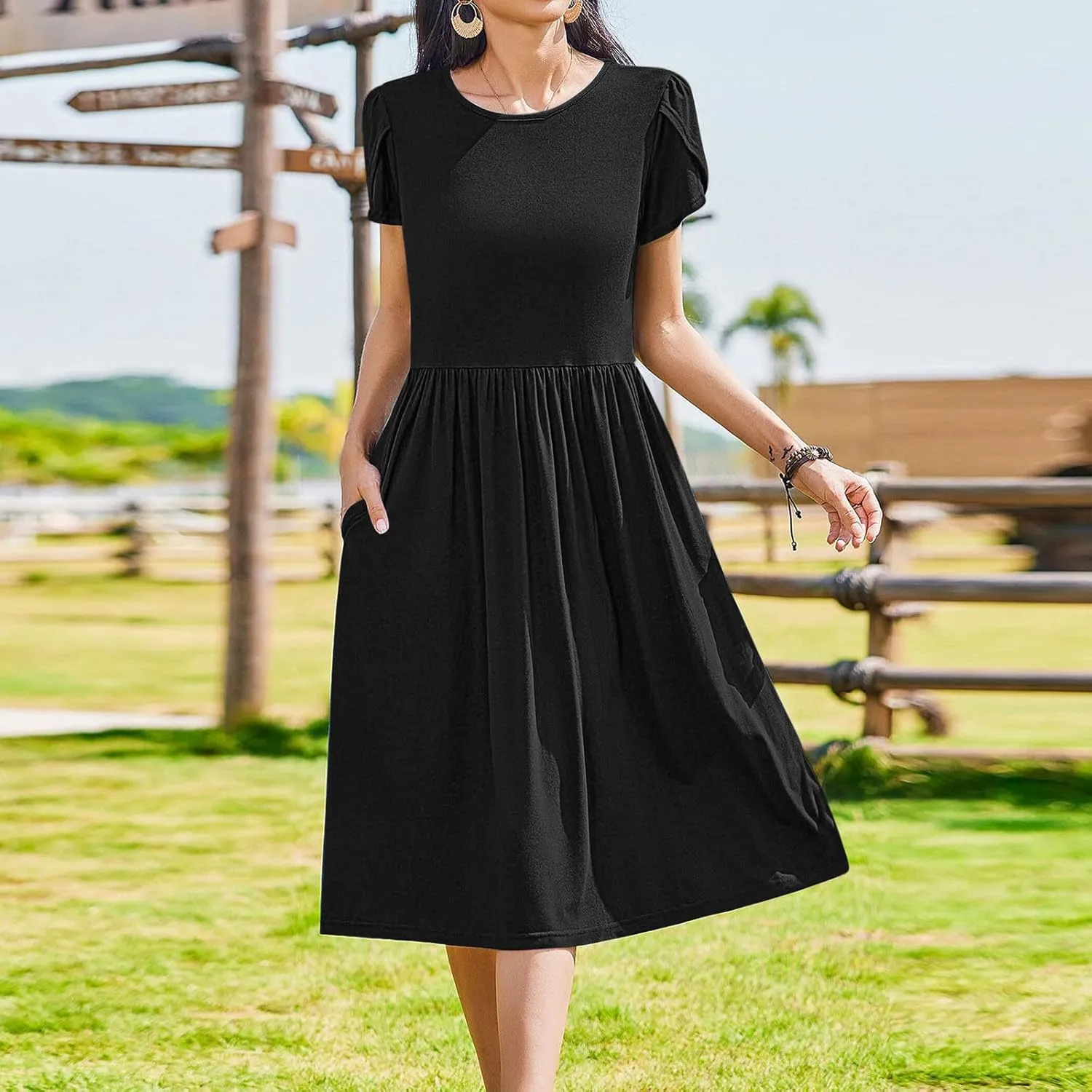 Petal Short Sleeve Midi Dresses for Women with Pockets Summer Casual Flowy Pleated A Line Swing Beach Vacation Dress