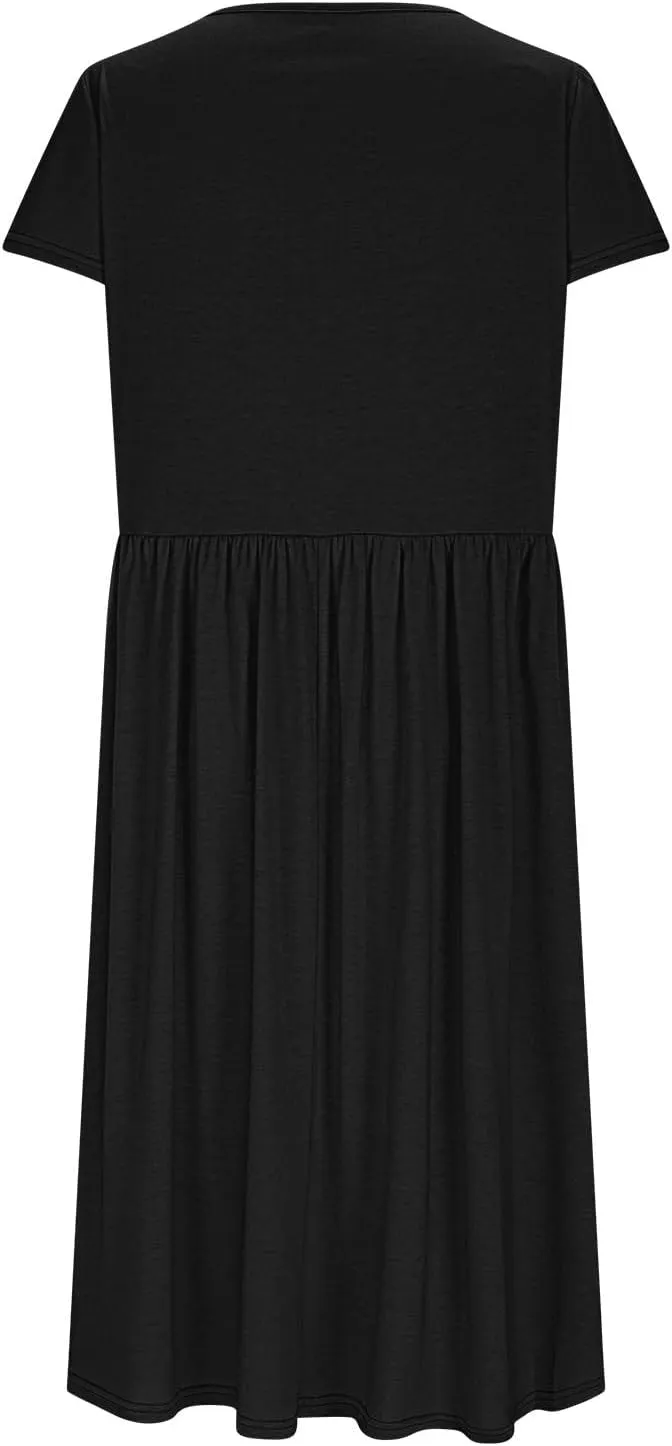 Petal Short Sleeve Midi Dresses for Women with Pockets Summer Casual Flowy Pleated A Line Swing Beach Vacation Dress