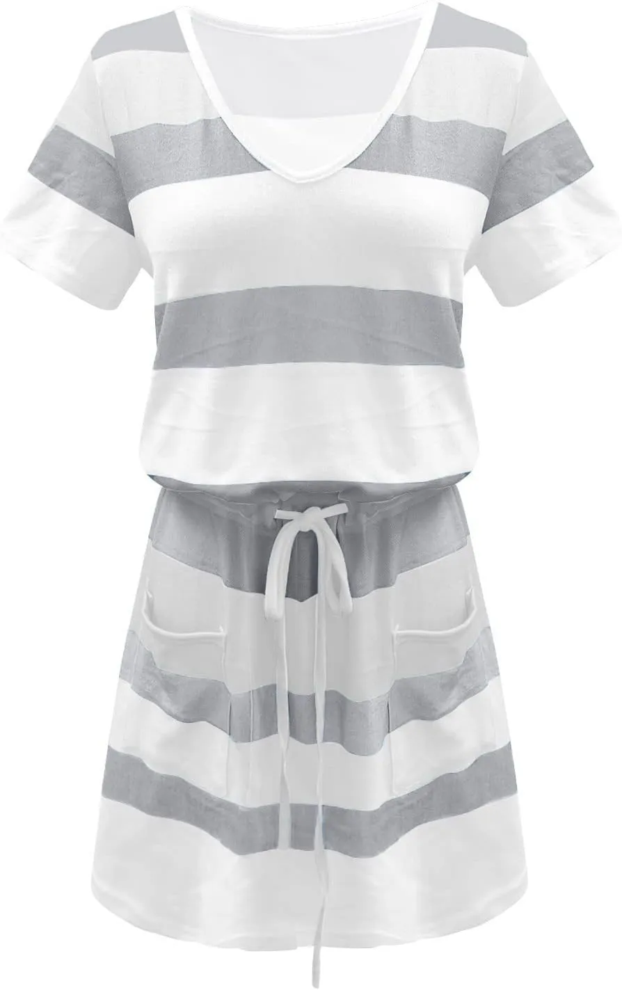 Petite Dresses for Women 2025 Summer Drawstring Waist Stripes Dress Casual Short Sleeve V Neck Mini Dress with Pocket