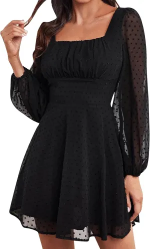 Petite Dresses for Women 2025 Summer Swiss Dots Mesh Long Sleeve Square Neck Mini Dress Empire Waist Short Cute Dress