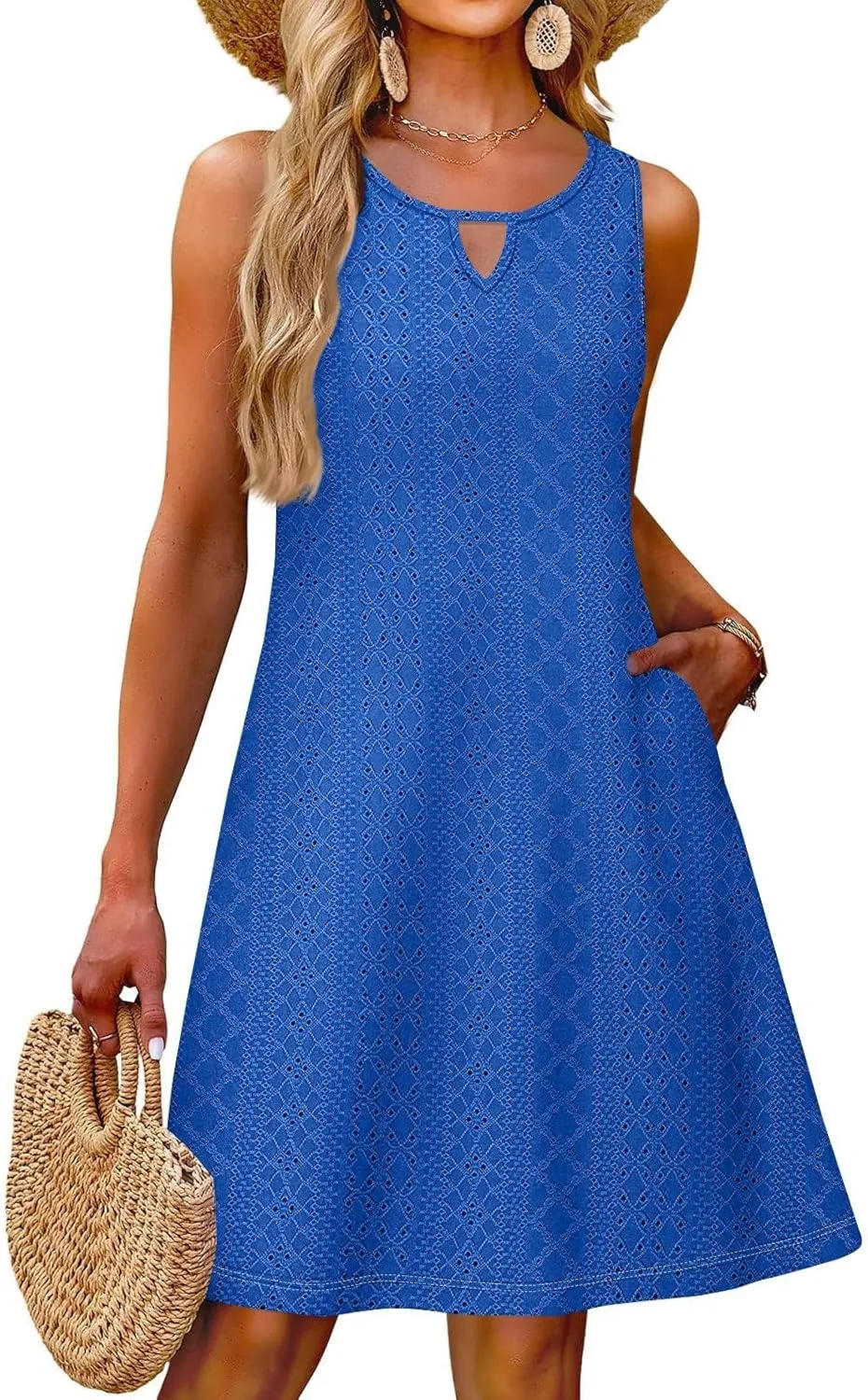 PETYCZEN Beach Dresses for Women 2025 Summer Keyhole Neck Eyelet Dress with Pockets Casual Vacation Tank Dress Beach Cover Up