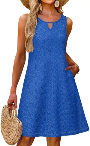 PETYCZEN Beach Dresses for Women 2025 Summer Keyhole Neck Eyelet Dress with Pockets Casual Vacation Tank Dress Beach Cover Up