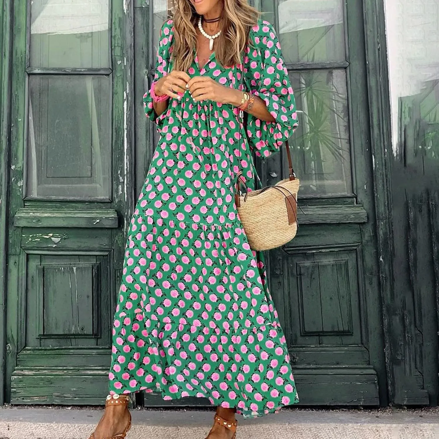PETYCZEN Boho Dress for Women 2023 Summer Short Sleeve V Neck Floral Maxi Dress Flowy A Line Pleated Long Vacation Sundresses