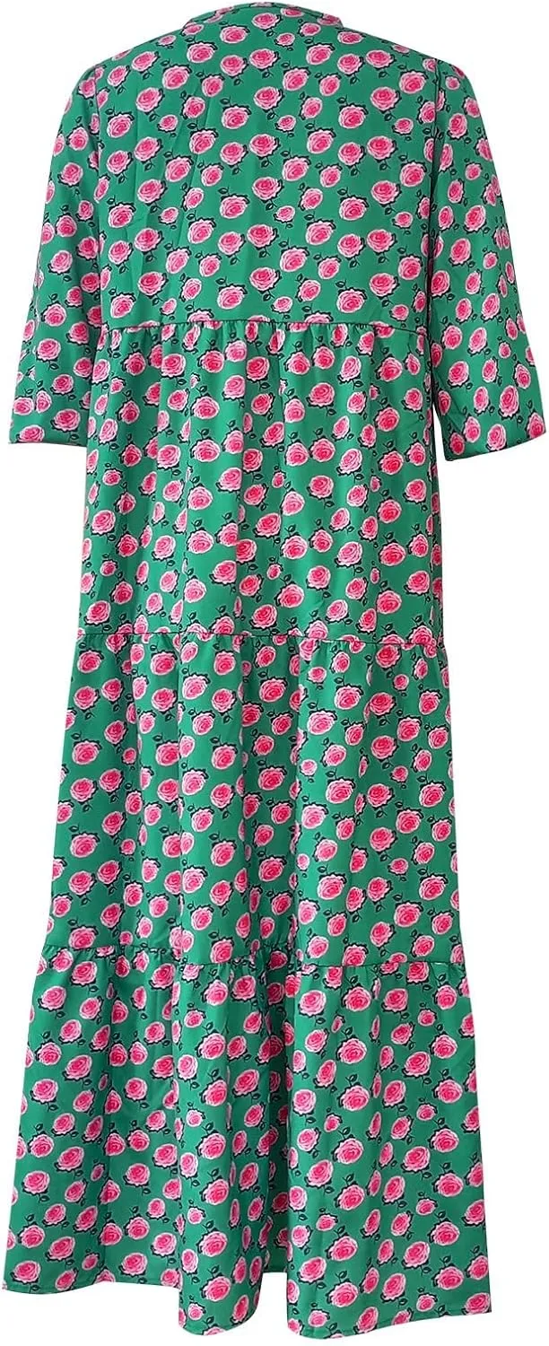 PETYCZEN Boho Dress for Women 2023 Summer Short Sleeve V Neck Floral Maxi Dress Flowy A Line Pleated Long Vacation Sundresses