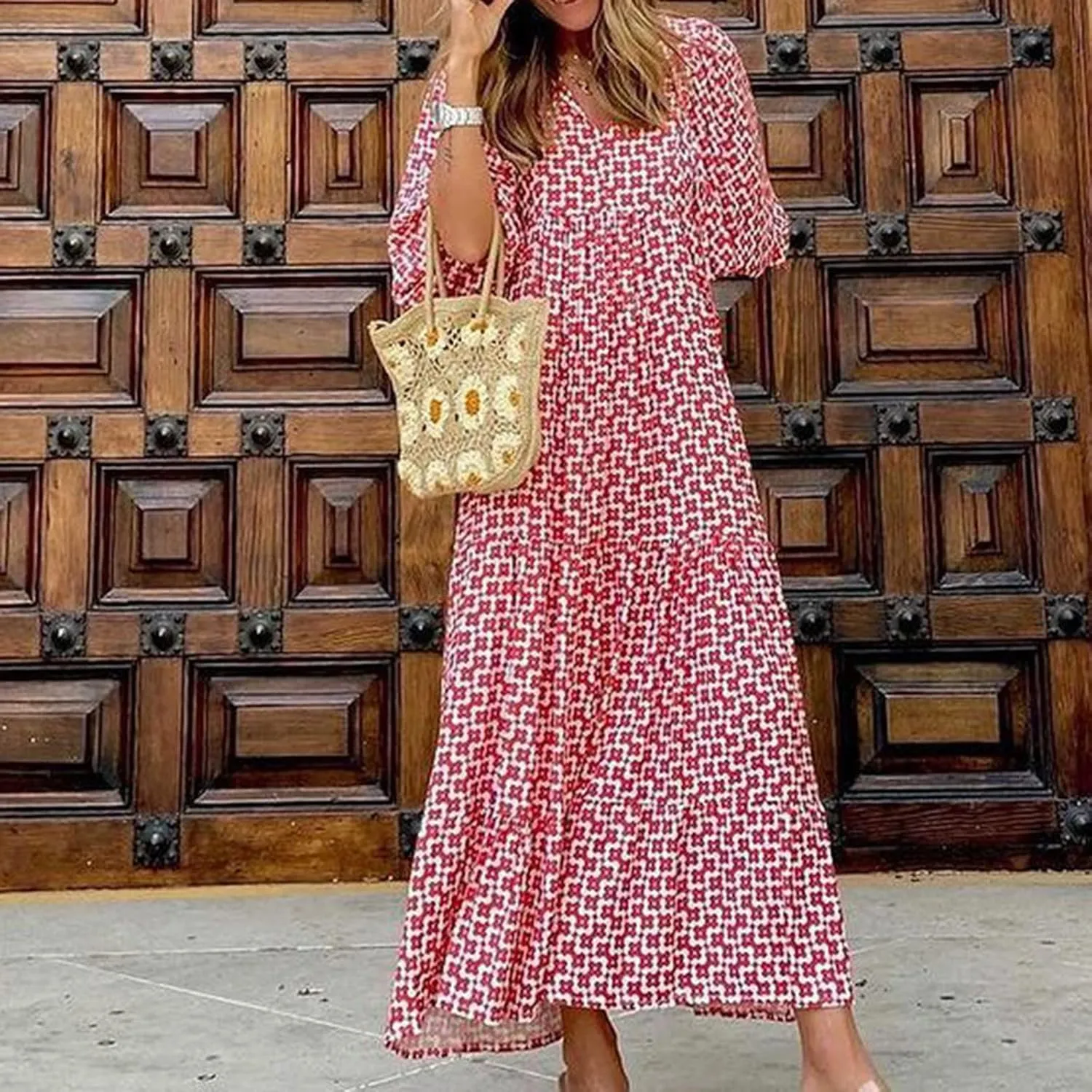 PETYCZEN Boho Dress for Women 2023 Summer Short Sleeve V Neck Floral Maxi Dress Flowy A Line Pleated Long Vacation Sundresses