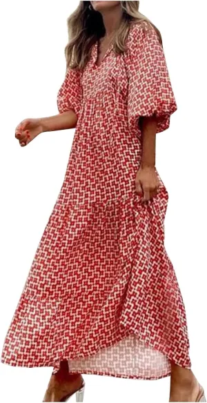 PETYCZEN Boho Dress for Women 2023 Summer Short Sleeve V Neck Floral Maxi Dress Flowy A Line Pleated Long Vacation Sundresses