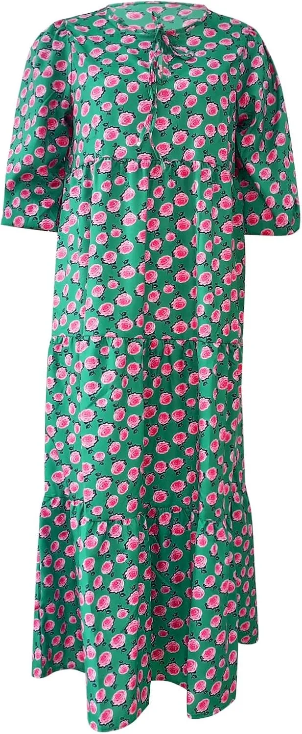 PETYCZEN Boho Dress for Women 2023 Summer Short Sleeve V Neck Floral Maxi Dress Flowy A Line Pleated Long Vacation Sundresses
