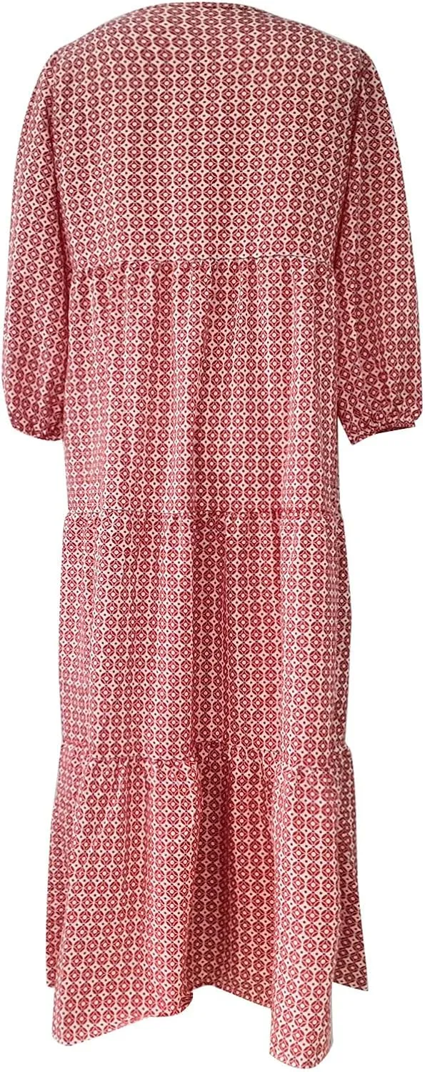 PETYCZEN Boho Dress for Women 2023 Summer Short Sleeve V Neck Floral Maxi Dress Flowy A Line Pleated Long Vacation Sundresses