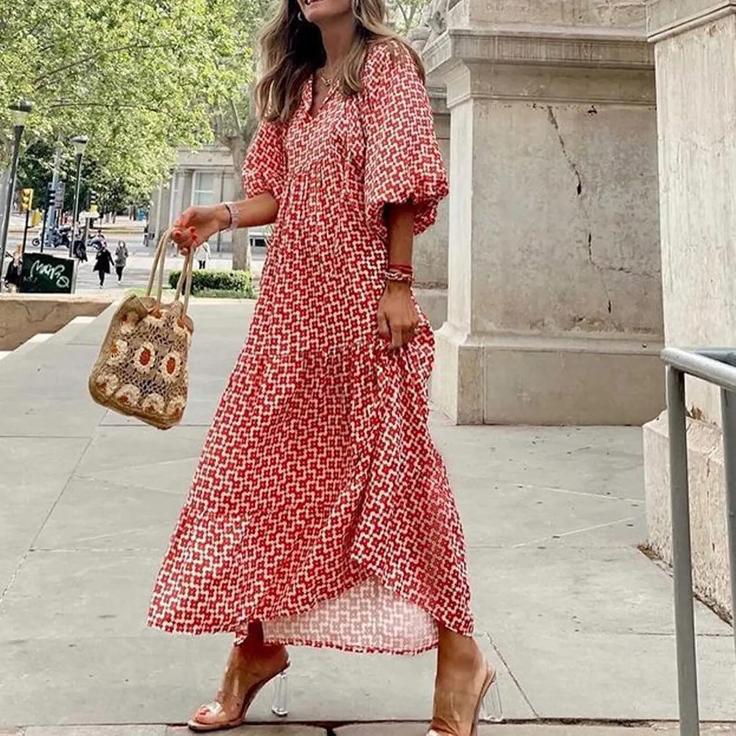 PETYCZEN Boho Dress for Women 2023 Summer Short Sleeve V Neck Floral Maxi Dress Flowy A Line Pleated Long Vacation Sundresses