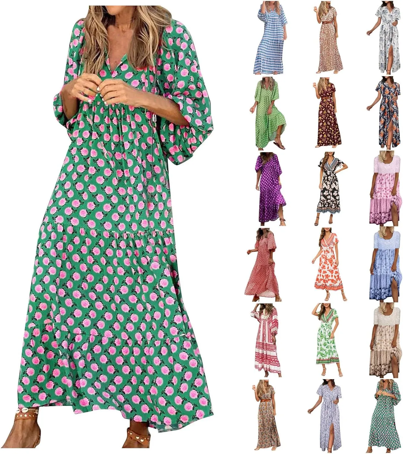 PETYCZEN Boho Dress for Women 2023 Summer Short Sleeve V Neck Floral Maxi Dress Flowy A Line Pleated Long Vacation Sundresses