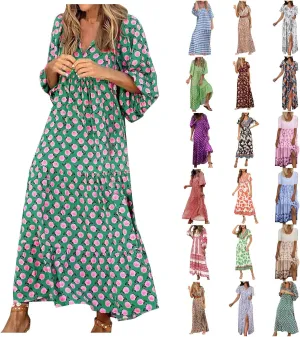 PETYCZEN Boho Dress for Women 2023 Summer Short Sleeve V Neck Floral Maxi Dress Flowy A Line Pleated Long Vacation Sundresses