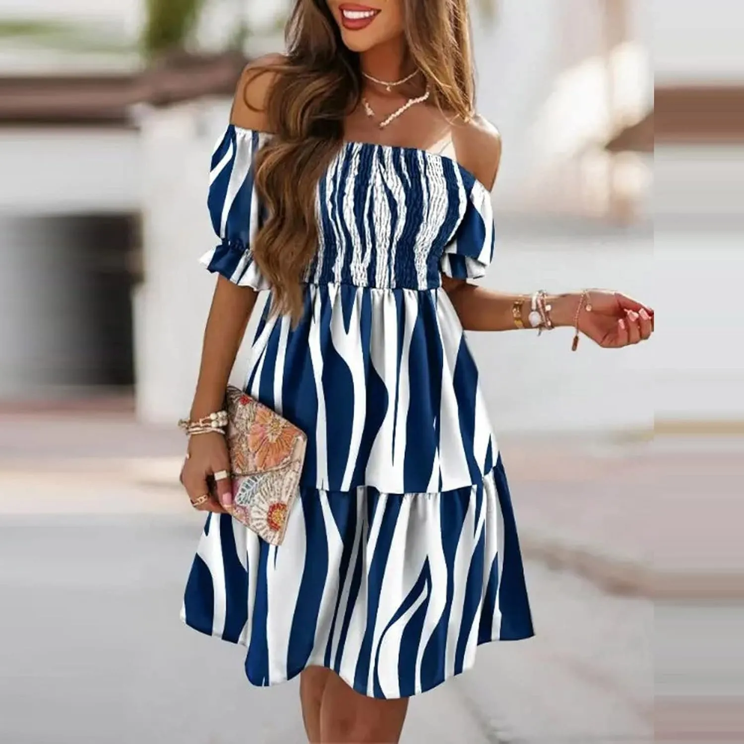 PETYCZEN Off The Shoulder Dresses for Women Cute Summer Short Sleeve Mini Floral Dress Sexy Casual Babydoll Beach Party Dress