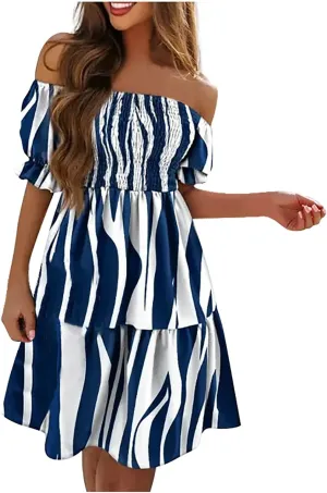 PETYCZEN Off The Shoulder Dresses for Women Cute Summer Short Sleeve Mini Floral Dress Sexy Casual Babydoll Beach Party Dress