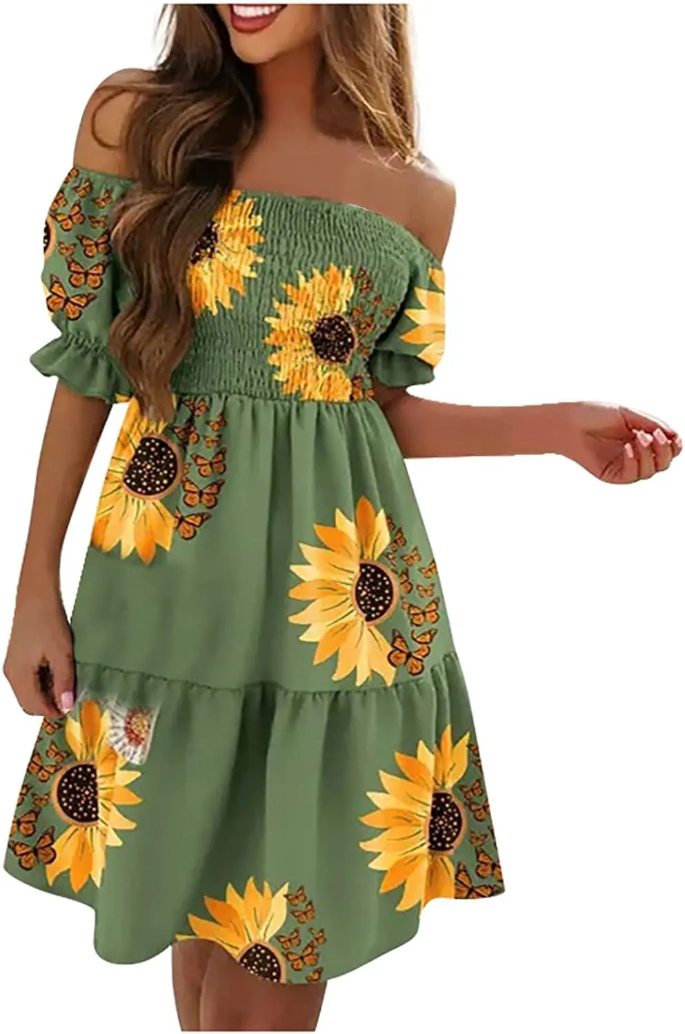 PETYCZEN Off The Shoulder Dresses for Women Cute Summer Short Sleeve Mini Floral Dress Sexy Casual Babydoll Beach Party Dress