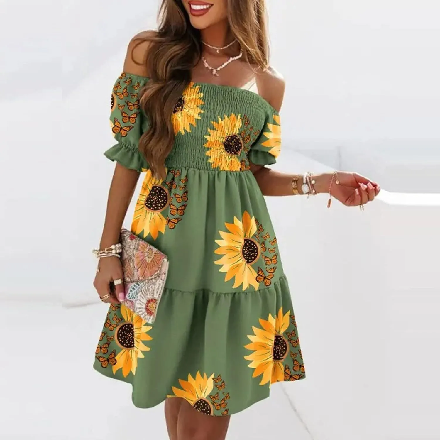 PETYCZEN Off The Shoulder Dresses for Women Cute Summer Short Sleeve Mini Floral Dress Sexy Casual Babydoll Beach Party Dress