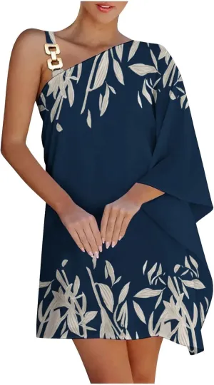 PETYCZEN One Shoulder Dresses for Women Summer Floral Print Batwing Sleeve Ruched Dress Sexy Side Split Club Cocktail Dresses
